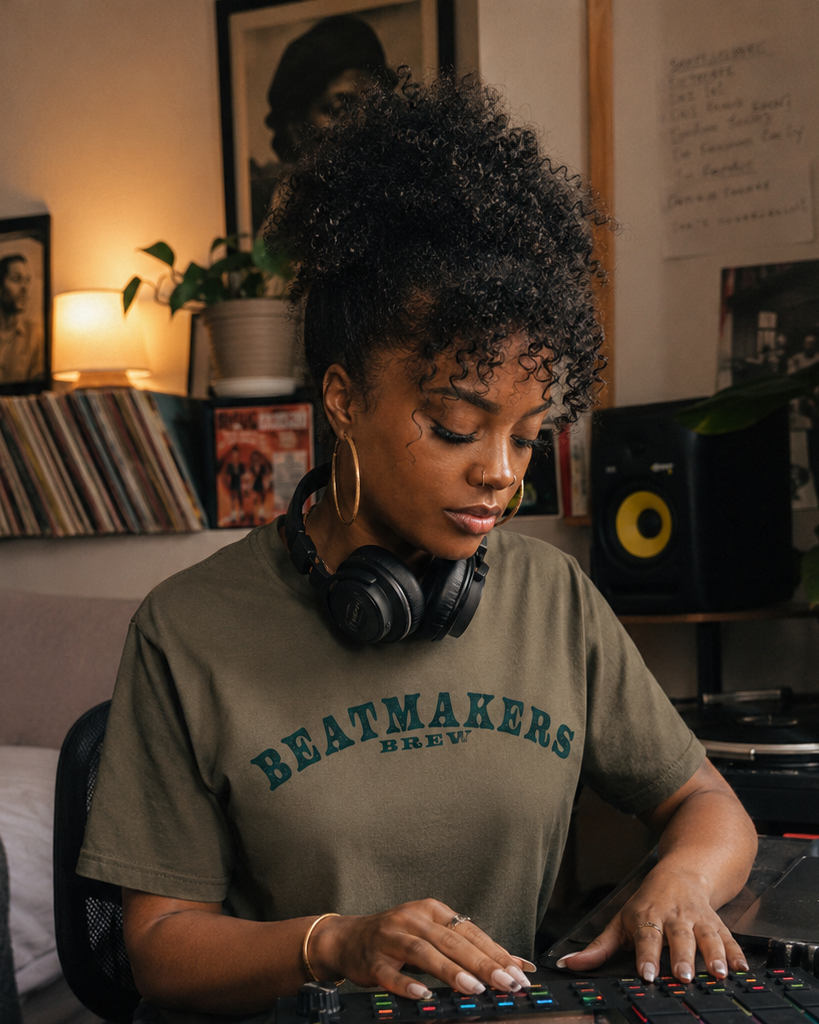 Beatmakers Brew lifestyle image of a producer making beats in a home studio