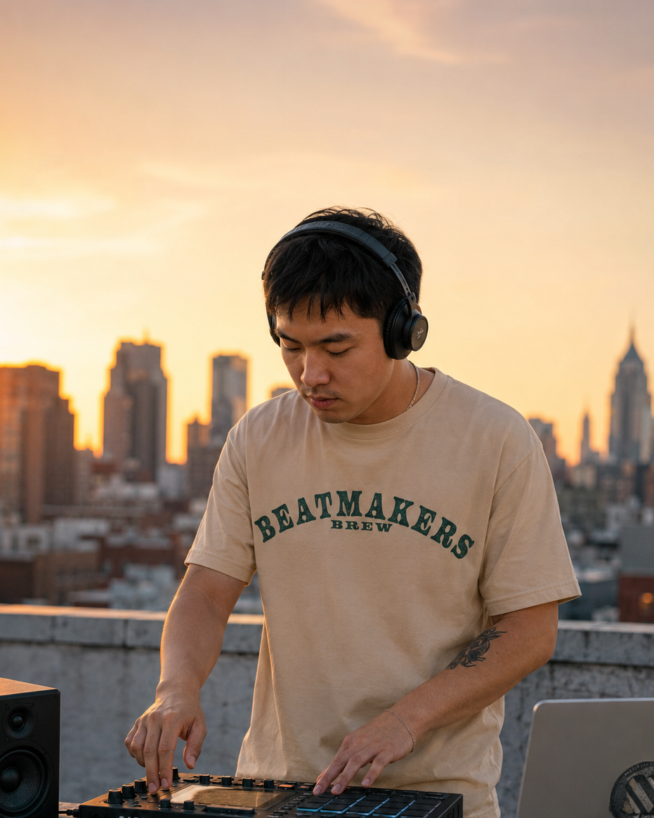 Beatmakers Brew lifestyle image of a producer making beats on a rooftop at sunset