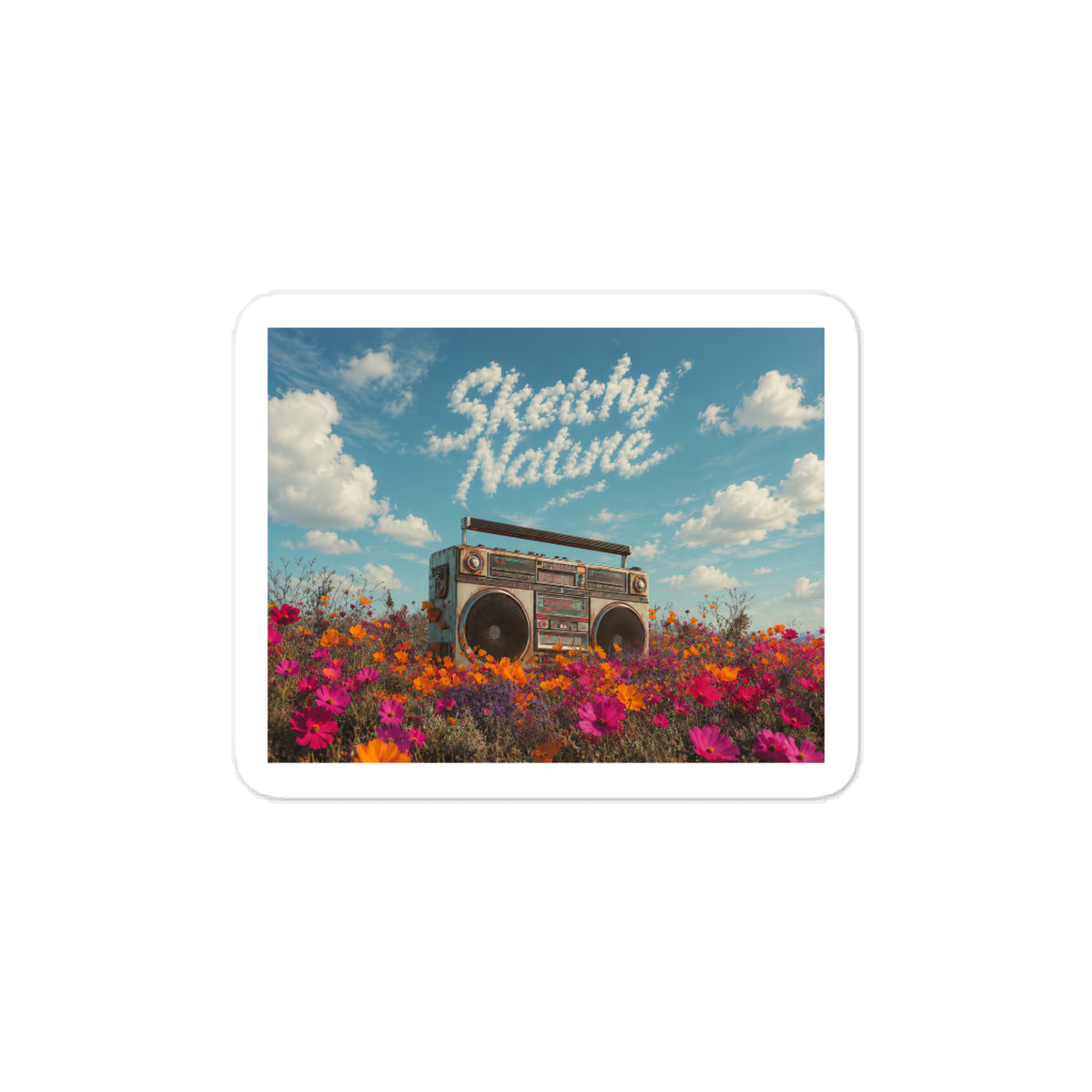 Field Noise Vinyl Decal by Sketchy Nature, 3 × 4-inch size, vintage boombox in a wildflower field