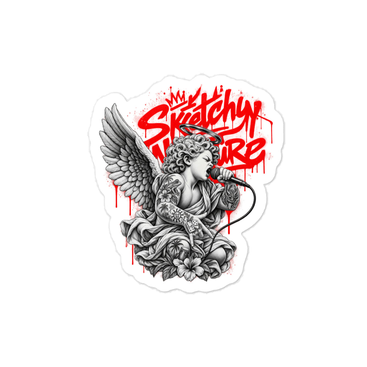 Battle Rap Angel Vinyl Decal by Sketchy Nature, 3 × 4-inch size, winged vocalist with red graffiti lettering