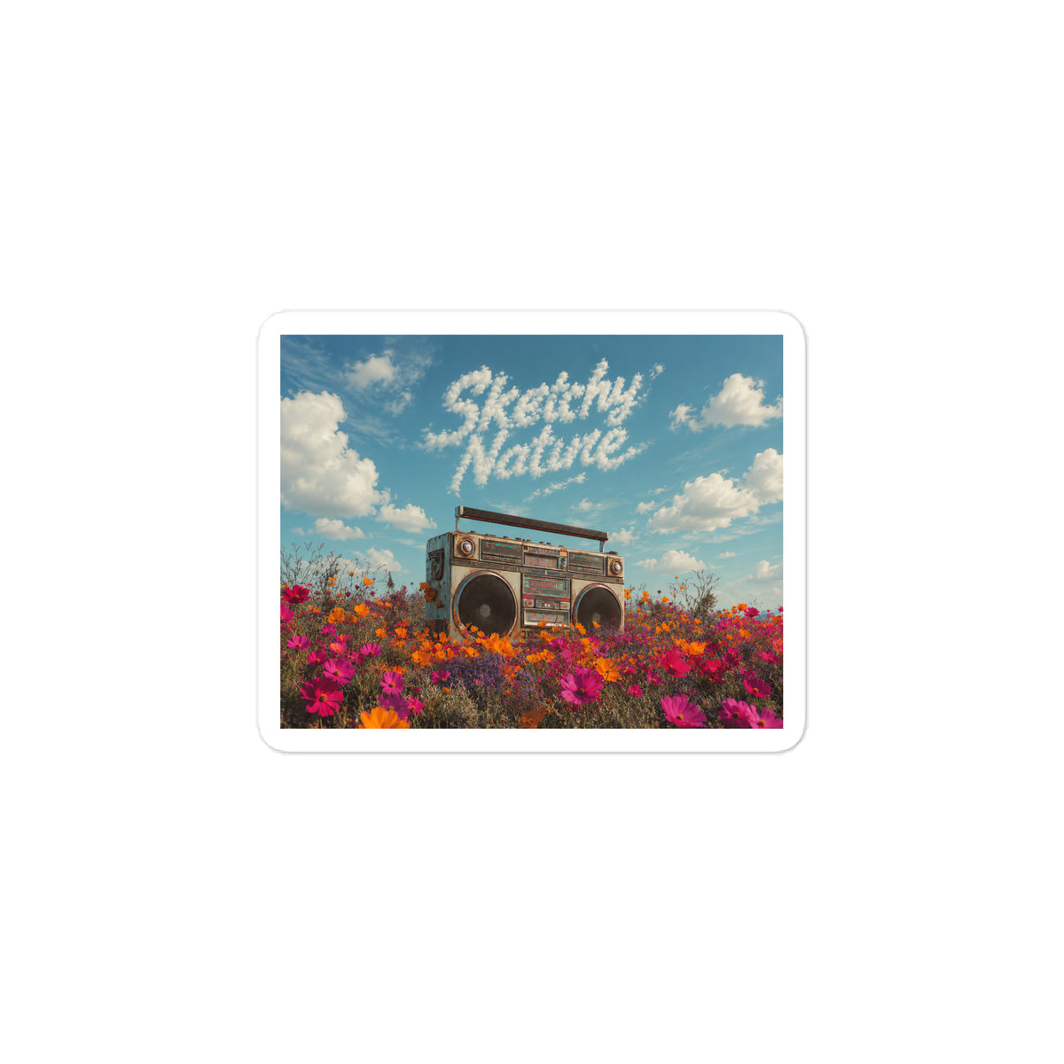 Field Noise Vinyl Decal by Sketchy Nature, 4 × 6-inch size, vintage boombox in a wildflower field