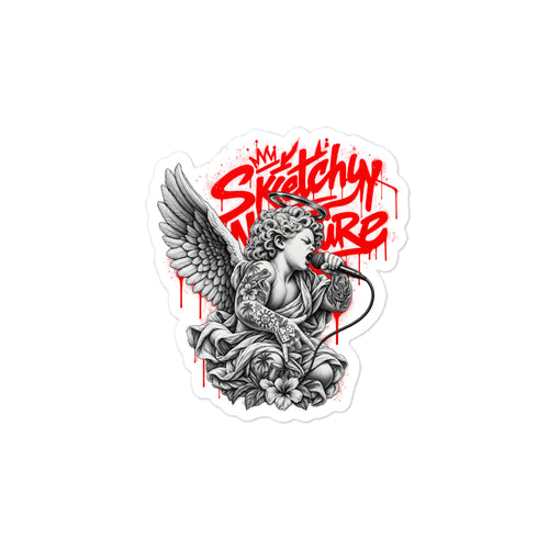 Battle Rap Angel Vinyl Decal by Sketchy Nature, 4 × 6-inch size, winged vocalist with red graffiti lettering