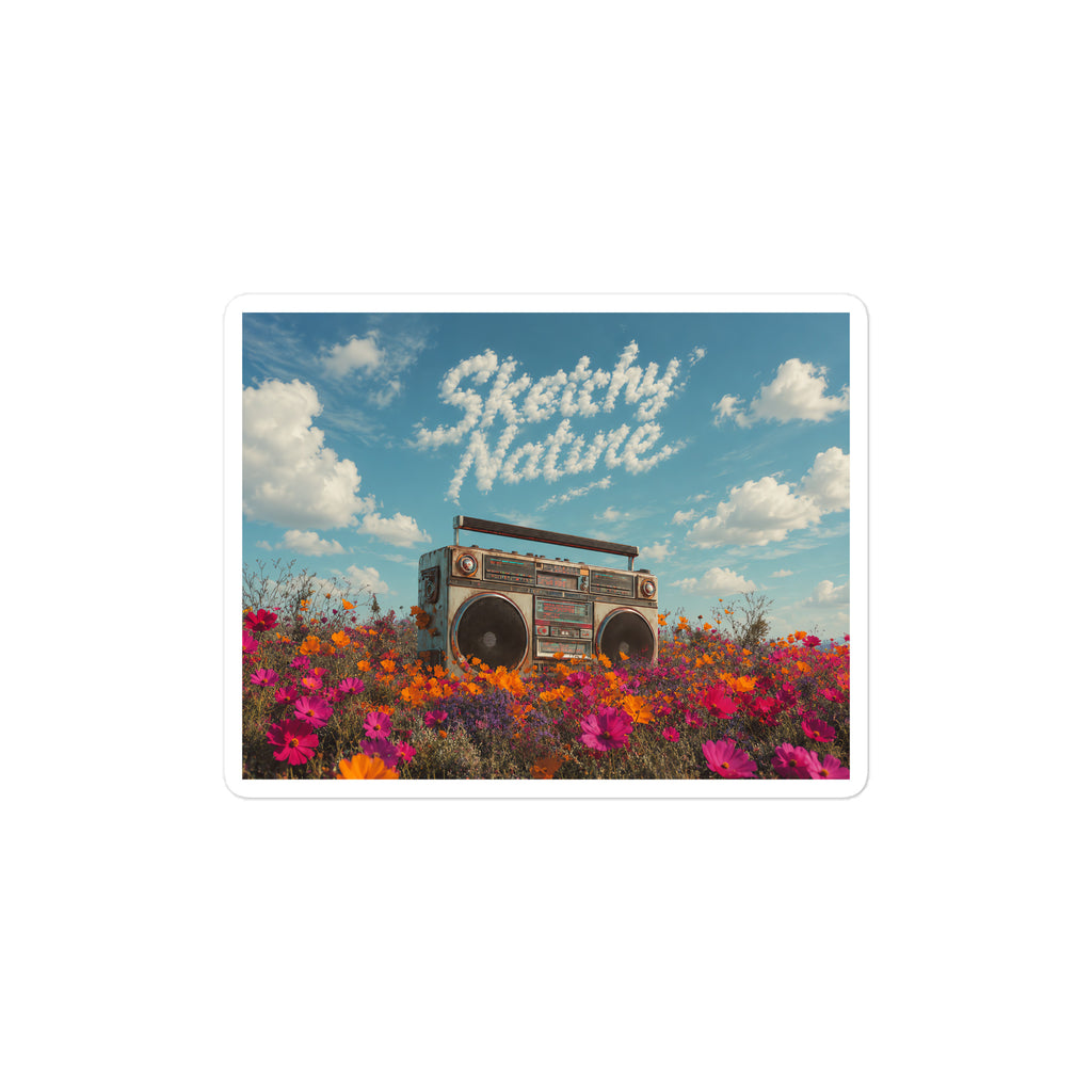Field Noise Vinyl Decal by Sketchy Nature, 6 × 8-inch size, vintage boombox in a wildflower field