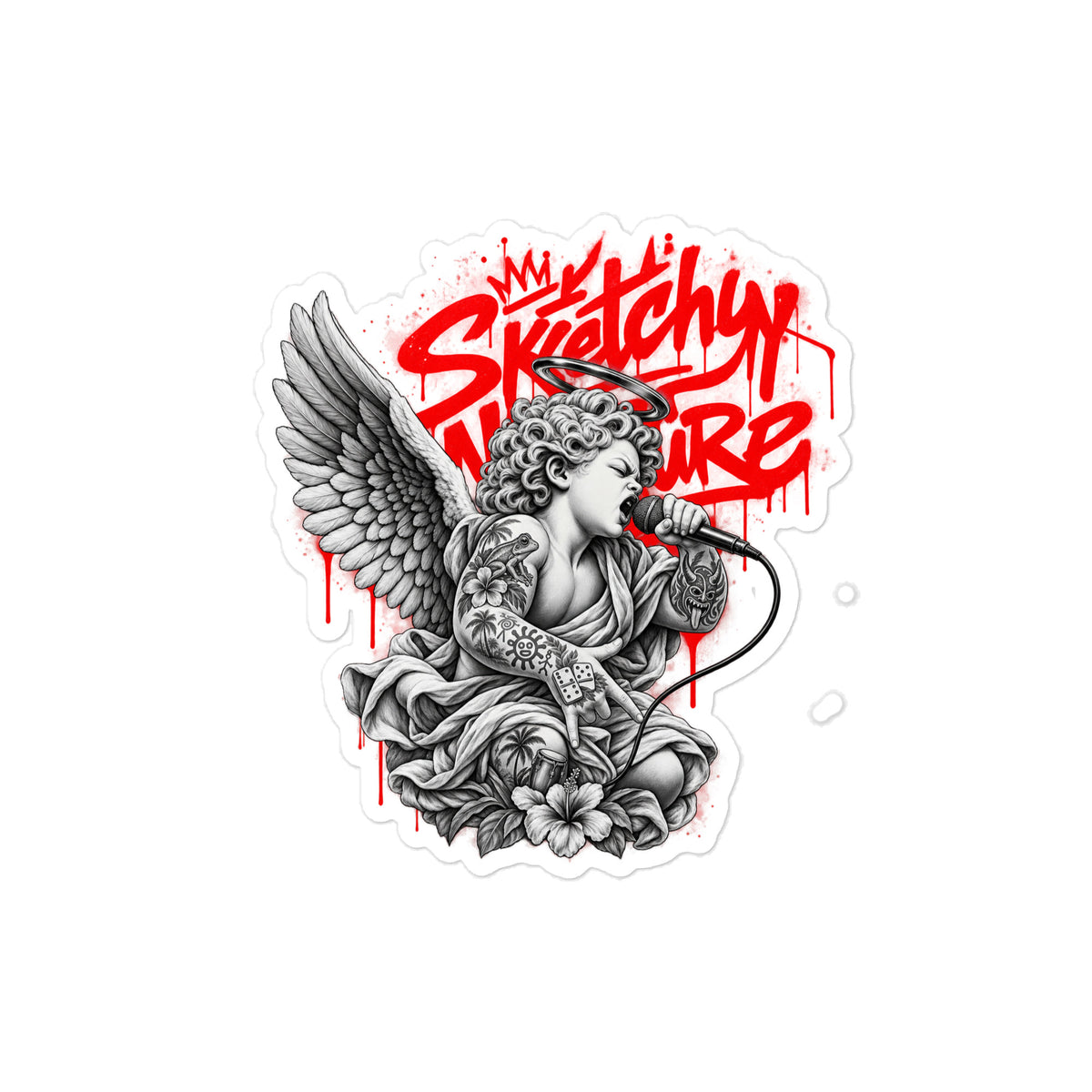 Battle Rap Angel Vinyl Decal by Sketchy Nature, 6 × 8-inch size, winged vocalist with red graffiti lettering