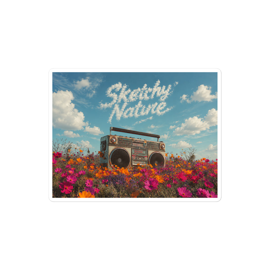 Field Noise Vinyl Decal by Sketchy Nature, 8 × 10-inch size, vintage boombox in a wildflower field