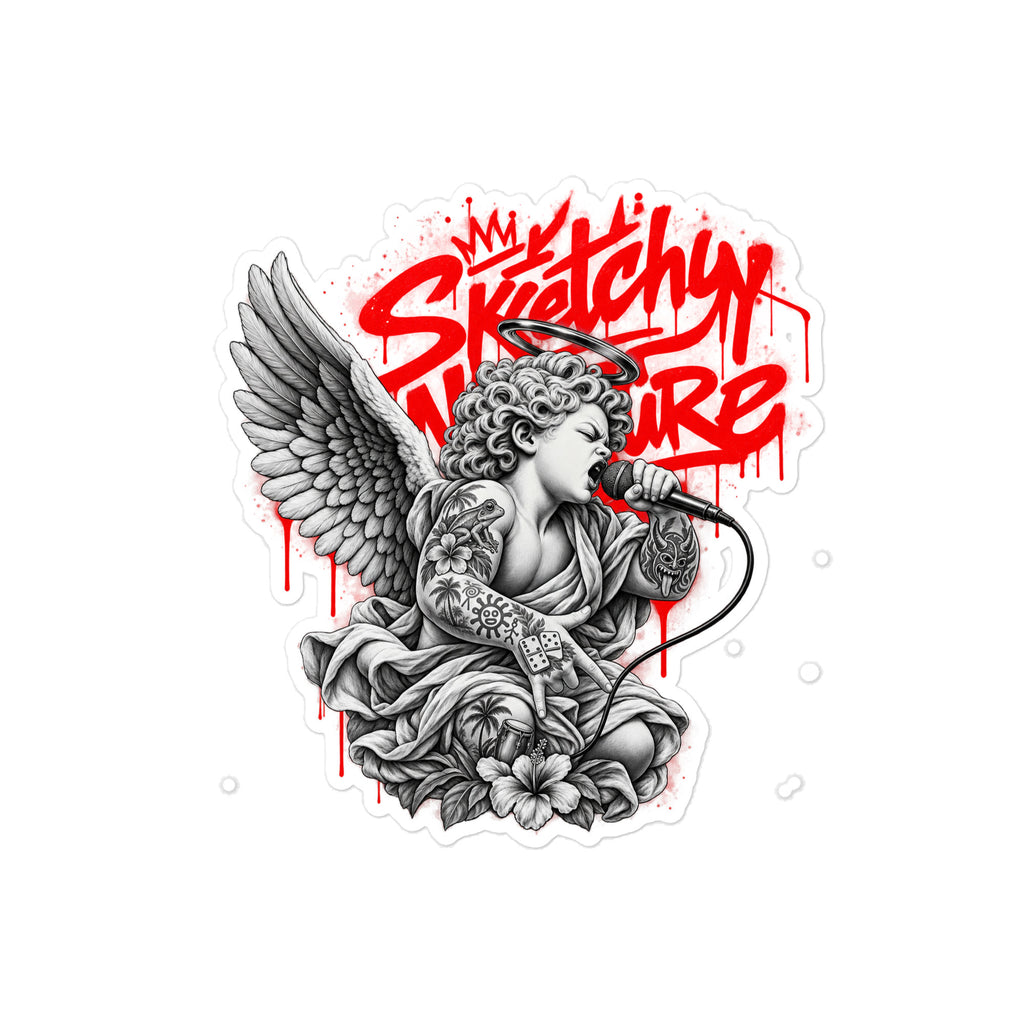 Battle Rap Angel Vinyl Decal by Sketchy Nature, 8 × 10-inch size, winged vocalist with red graffiti lettering