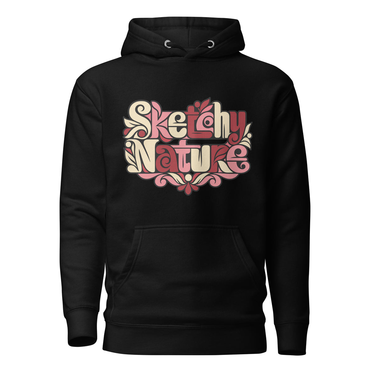 Soft Bloom Graphic Hoodie in black, front view, featuring pink and cream botanical Sketchy Nature lettering