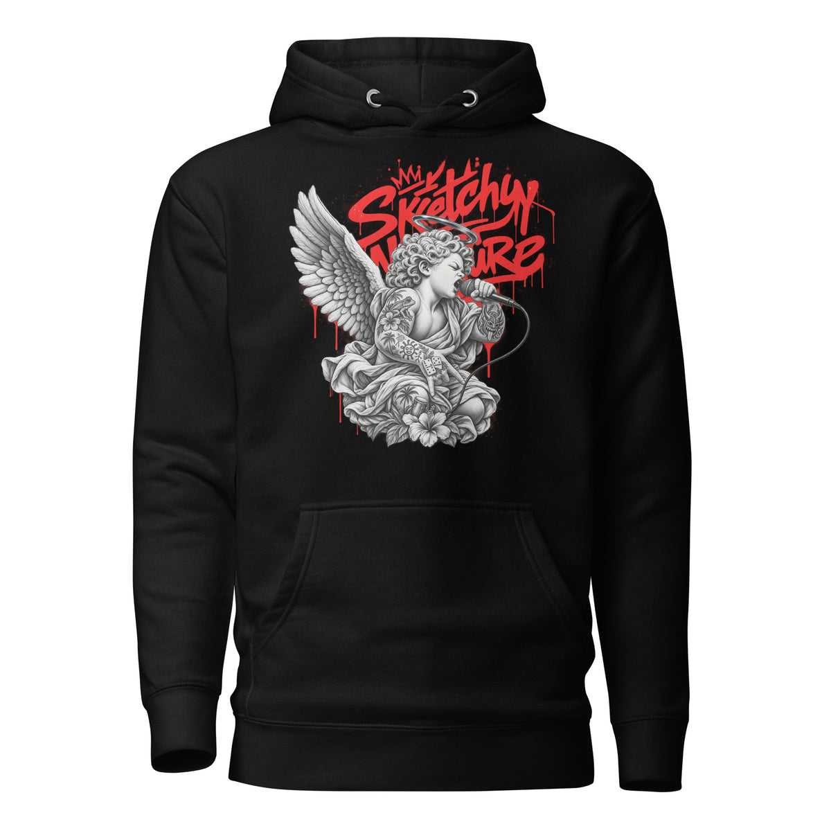 Battle Rap Angel Graphic Hoodie in black, front view, featuring winged vocalist and red Sketchy Nature graffiti