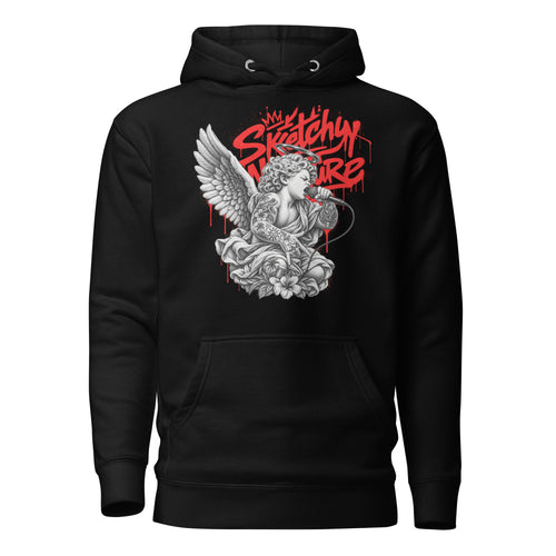 Battle Rap Angel Graphic Hoodie in black, front view, featuring winged vocalist and red Sketchy Nature graffiti