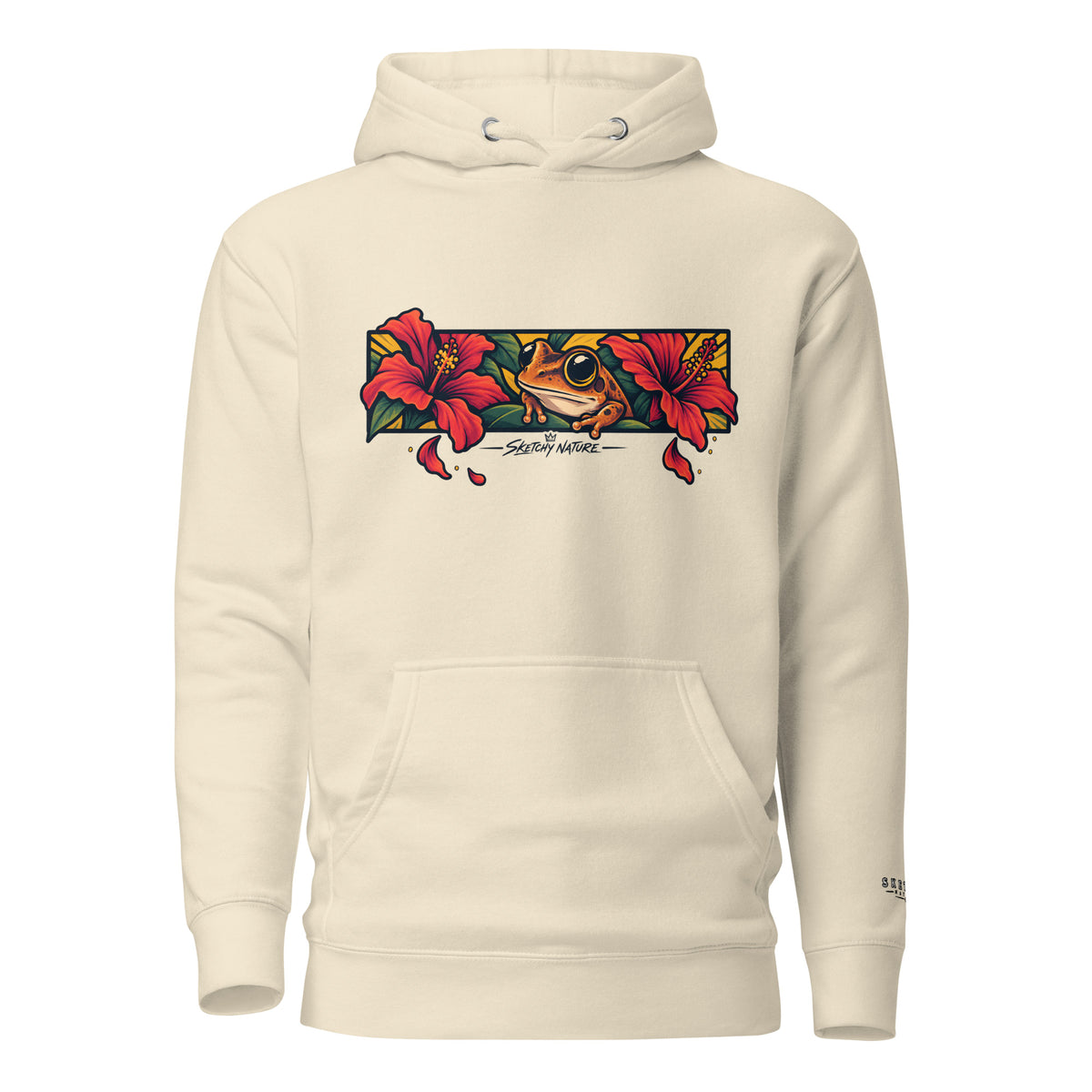 Midnight in Borikén Graphic Hoodie in bone, front view, featuring coquí and red tropical flowers