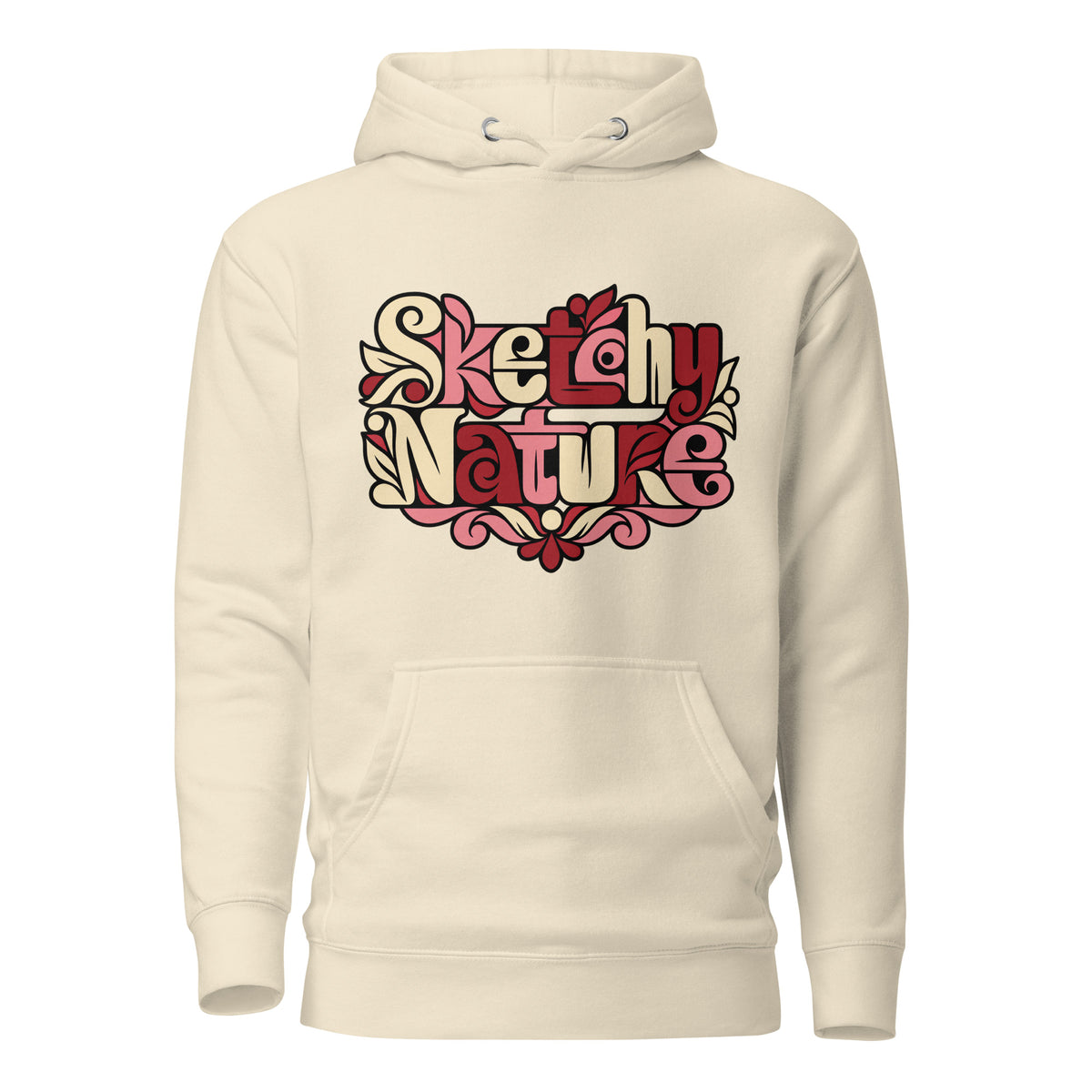 Soft Bloom Graphic Hoodie in bone, front view, featuring pink and cream botanical Sketchy Nature lettering