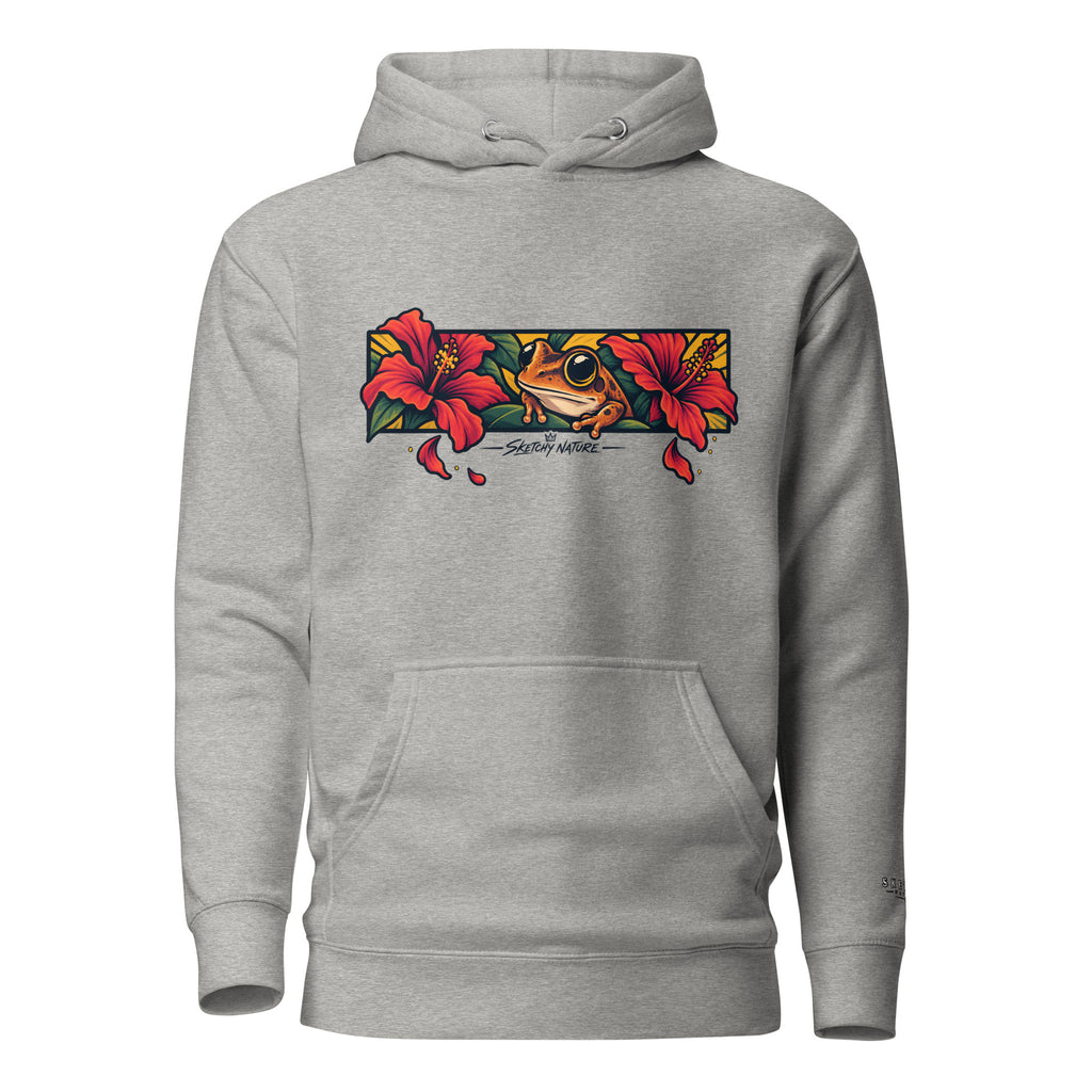 Midnight in Borikén Graphic Hoodie in carbon grey, front view, featuring coquí and red tropical flowers