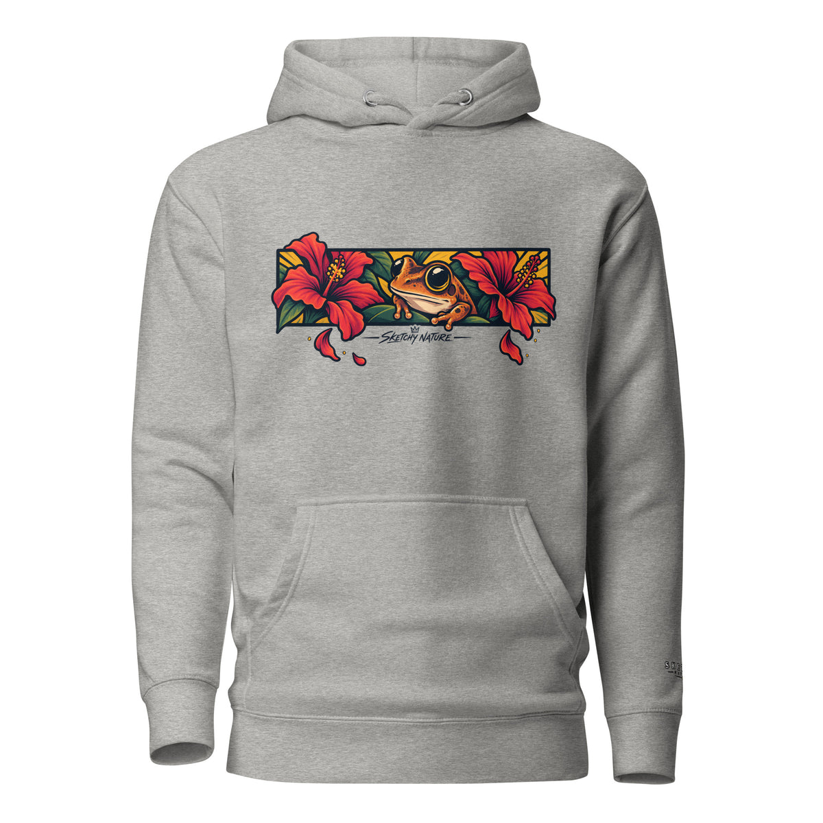 Midnight in Borikén Graphic Hoodie in carbon grey, front view, featuring coquí and red tropical flowers