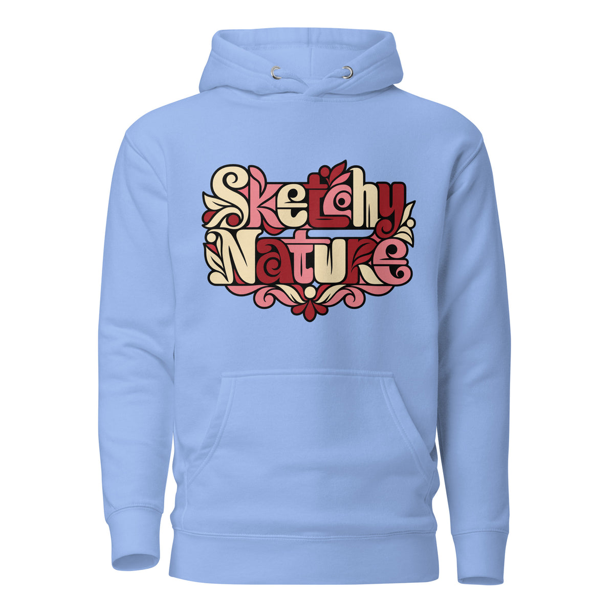 Soft Bloom Graphic Hoodie in carolina blue, front view, featuring pink and cream botanical Sketchy Nature lettering