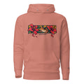 Midnight in Borikén Graphic Hoodie in dusty rose, front view, featuring coquí and red tropical flowers