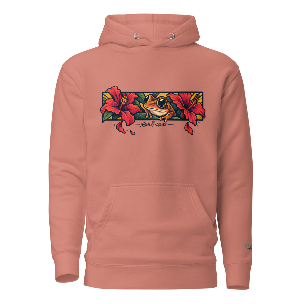 Midnight in Borikén Graphic Hoodie in dusty rose, front view, featuring coquí and red tropical flowers