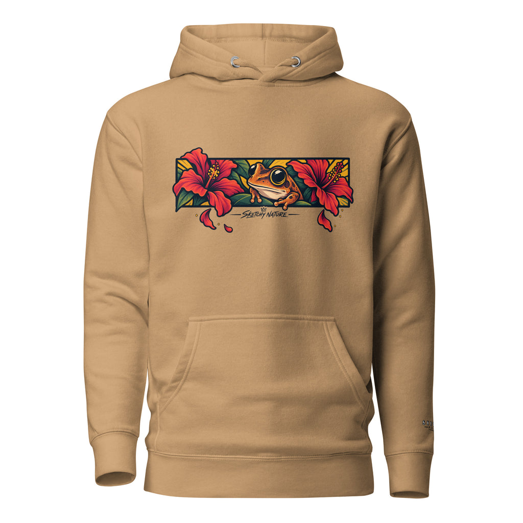 Midnight in Borikén Graphic Hoodie in khaki, front view, featuring coquí and red tropical flowers