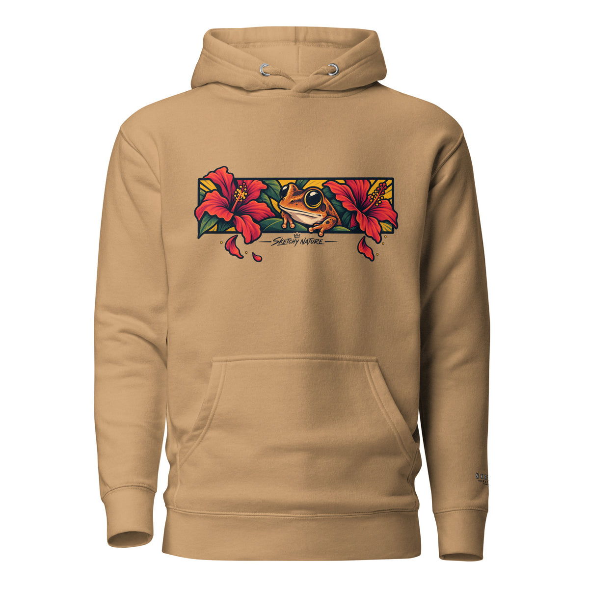 Midnight in Borikén Graphic Hoodie in khaki, front view, featuring coquí and red tropical flowers