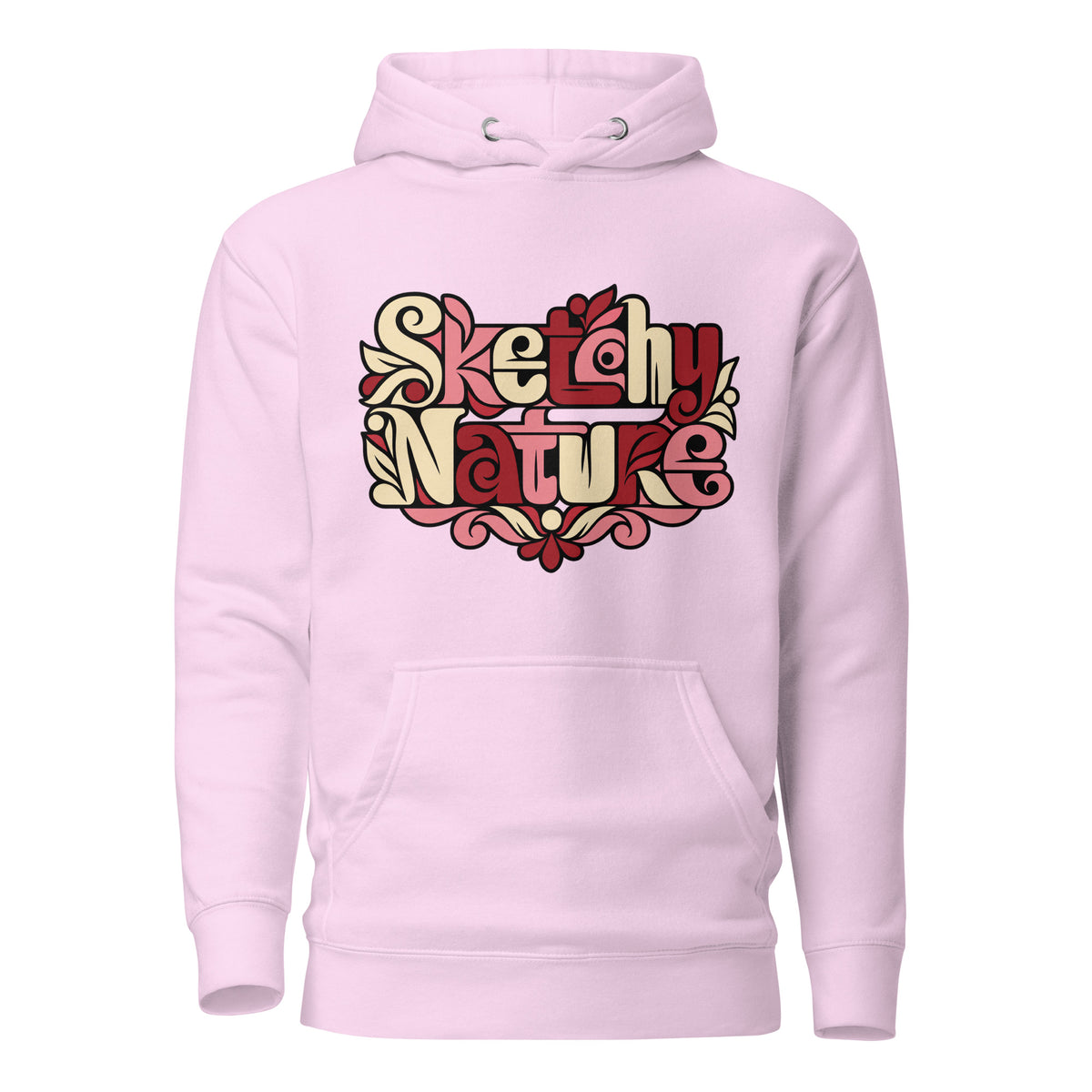 Soft Bloom Graphic Hoodie in lavender, front view, featuring pink and cream botanical Sketchy Nature lettering