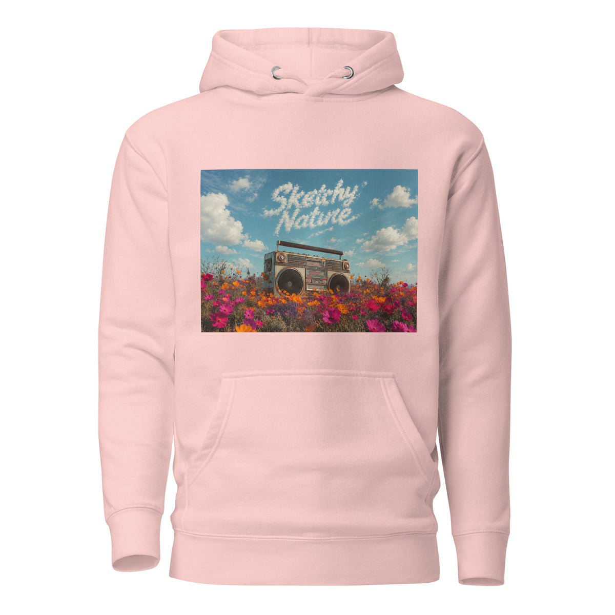 Field Noise Graphic Hoodie in light pink, front view, featuring boombox and wildflower artwork