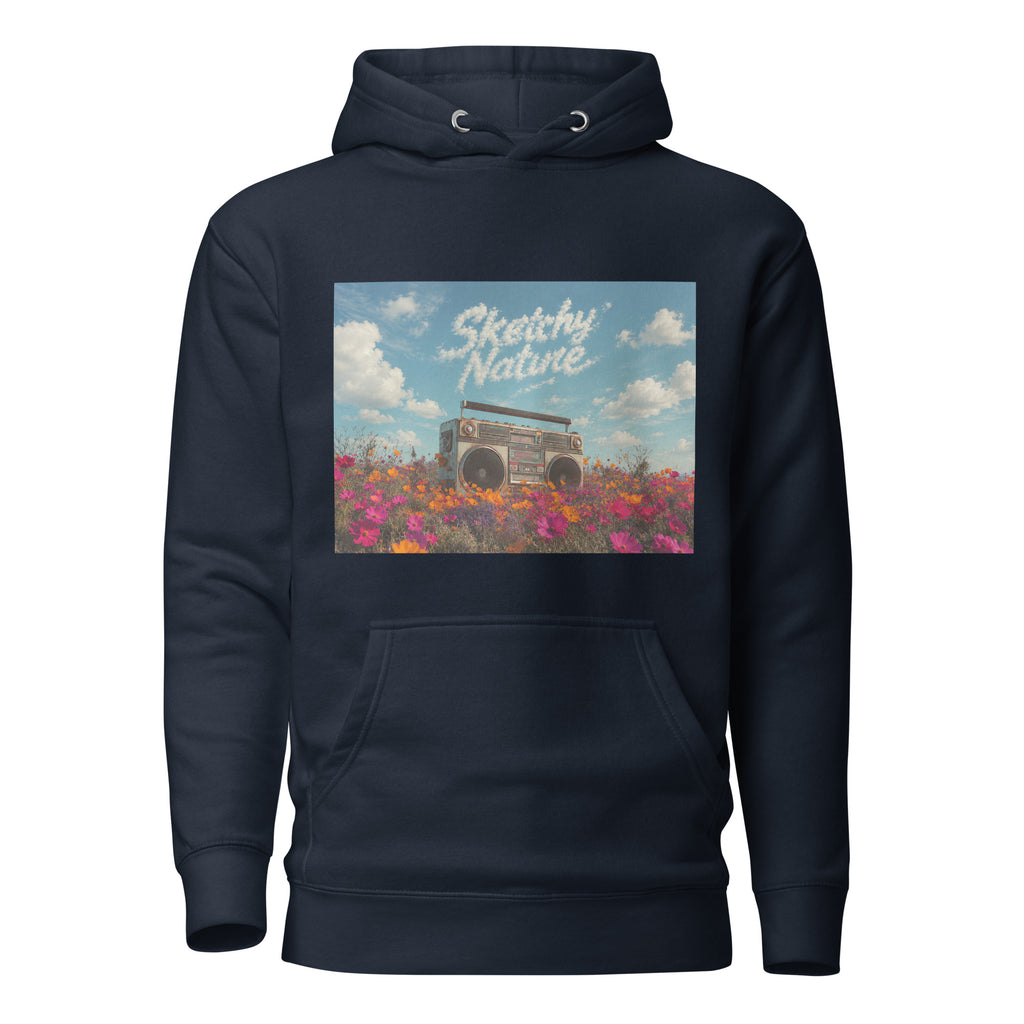 Field Noise Graphic Hoodie in navy blazer, front view, featuring boombox and wildflower artwork