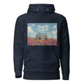 Field Noise Graphic Hoodie in navy blazer, front view, featuring boombox and wildflower artwork