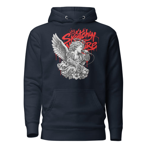Battle Rap Angel Graphic Hoodie in navy blazer, front view, featuring winged vocalist and red Sketchy Nature graffiti