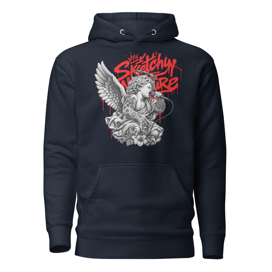 Battle Rap Angel Graphic Hoodie in navy blazer, front view, featuring winged vocalist and red Sketchy Nature graffiti