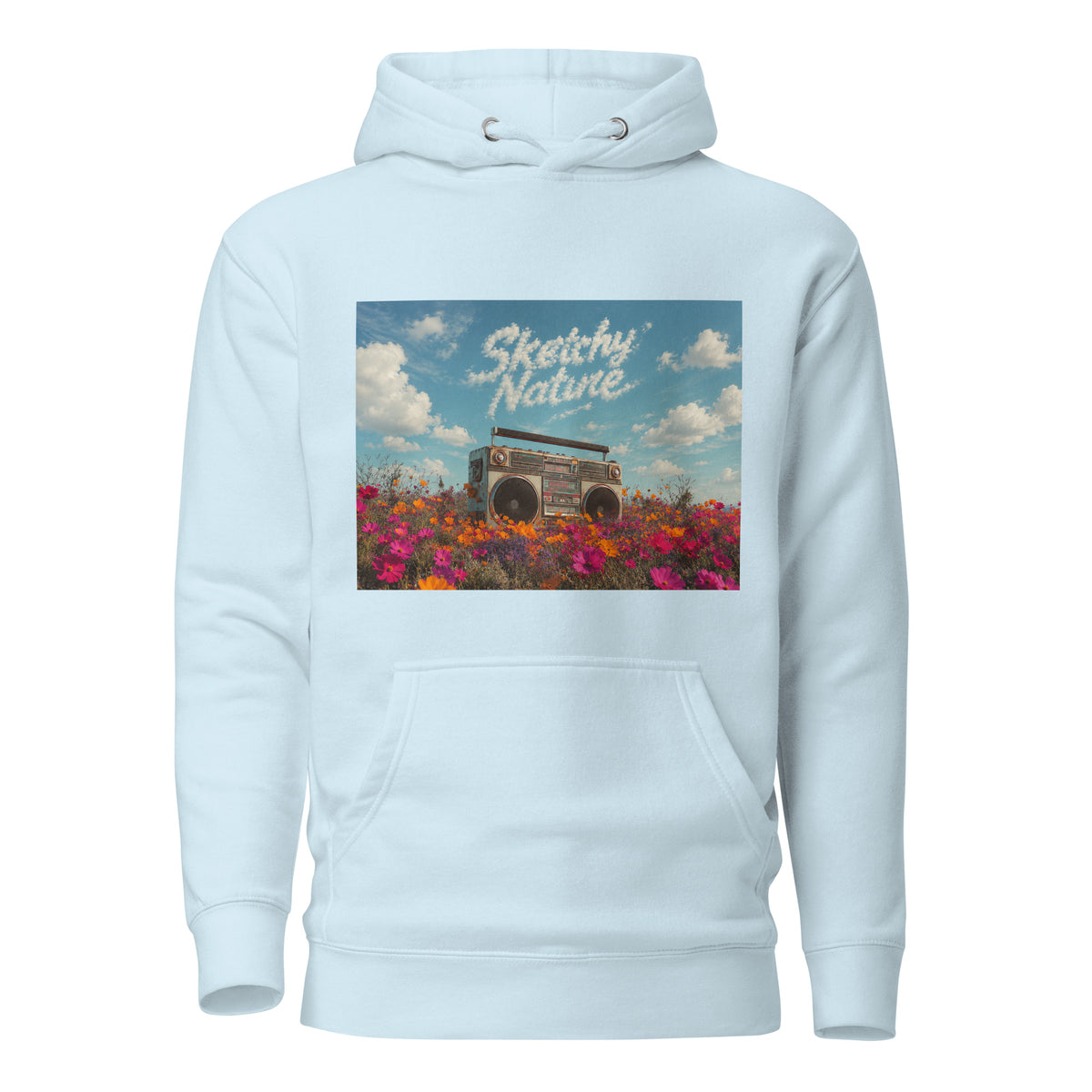 Field Noise Graphic Hoodie in sky blue, front view, featuring boombox and wildflower artwork
