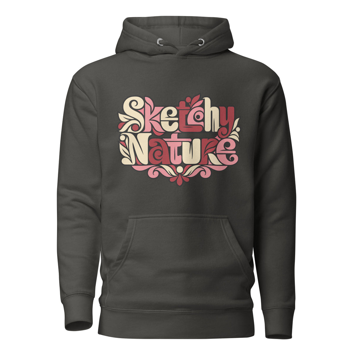 Soft Bloom Graphic Hoodie in vintage black, front view, featuring pink and cream botanical Sketchy Nature lettering