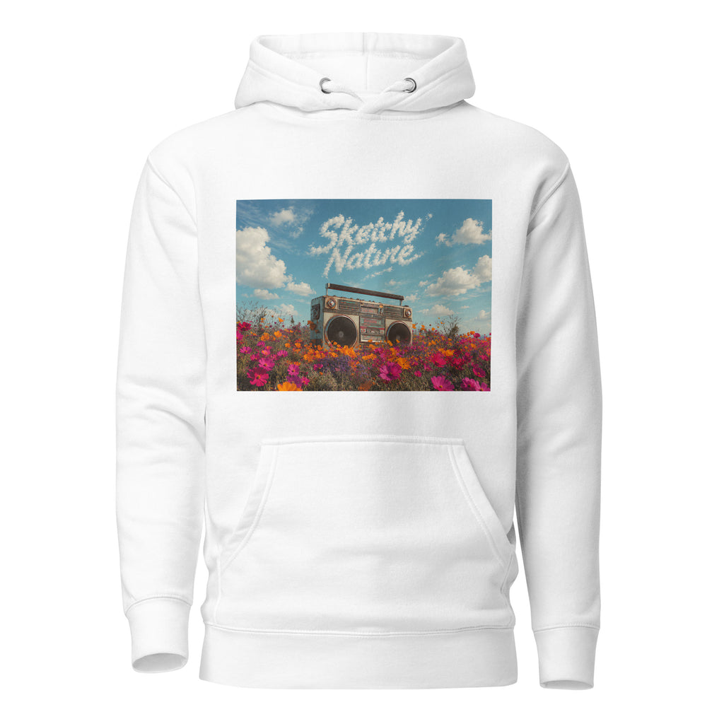 Field Noise Graphic Hoodie in white, front view, featuring boombox and wildflower artwork