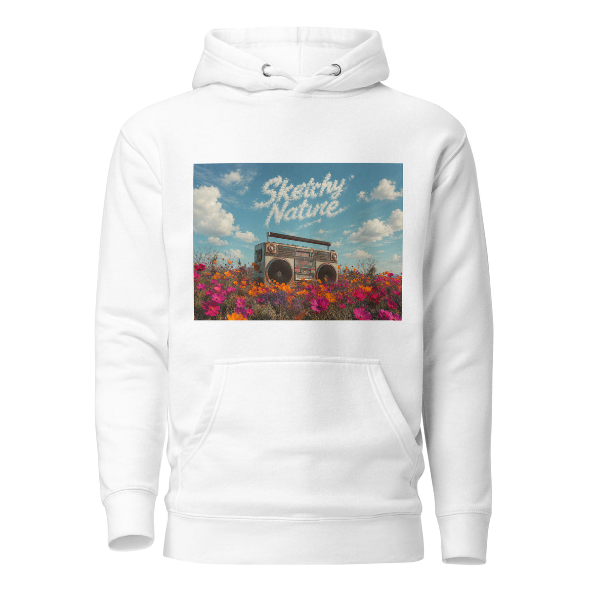 Field Noise Graphic Hoodie in white, front view, featuring boombox and wildflower artwork