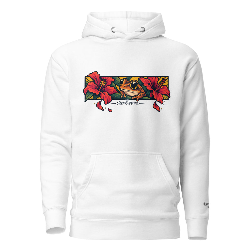 Midnight in Borikén Graphic Hoodie in white, front view, featuring coquí and red tropical flowers