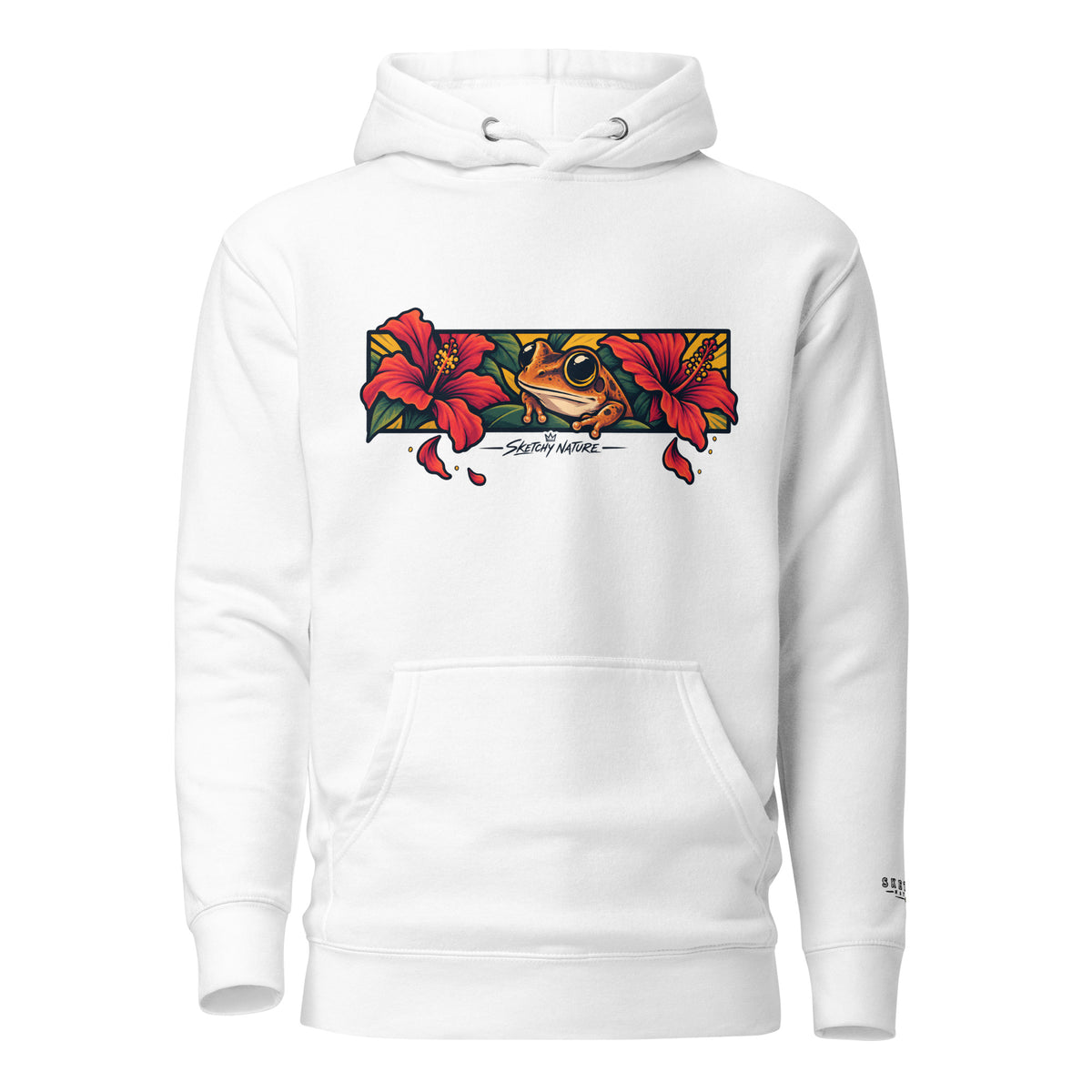 Midnight in Borikén Graphic Hoodie in white, front view, featuring coquí and red tropical flowers