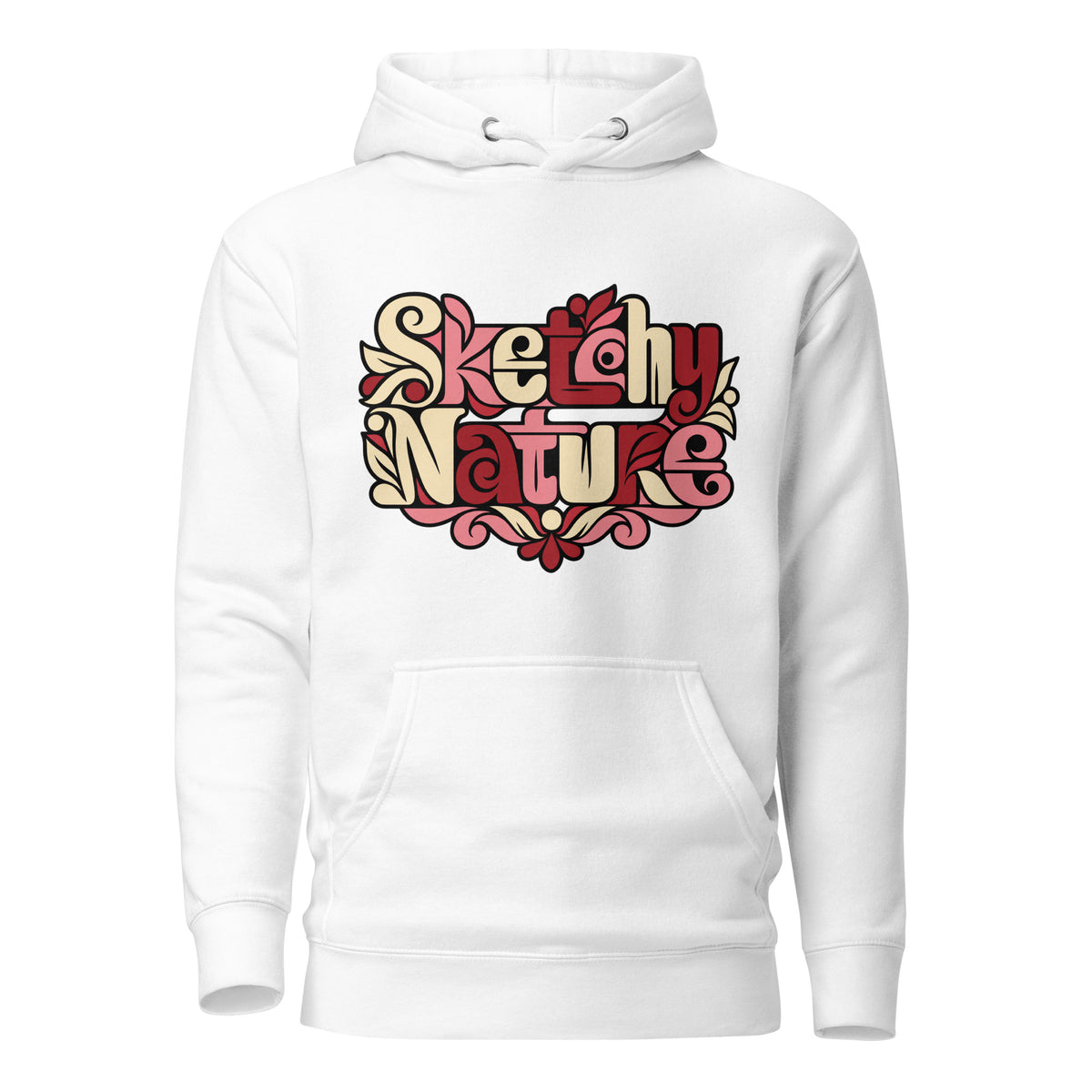 Soft Bloom Graphic Hoodie in white, front view, featuring pink and cream botanical Sketchy Nature lettering