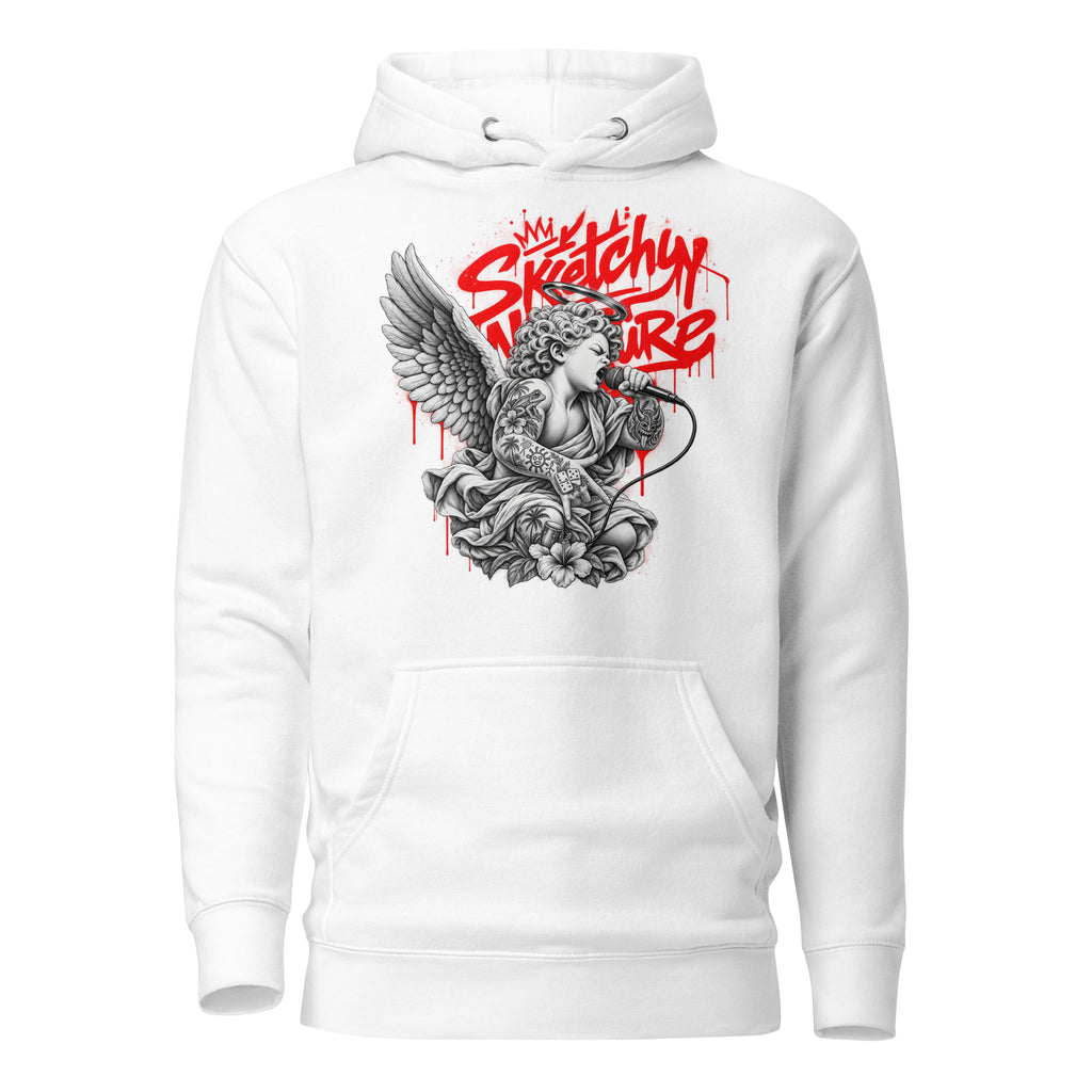 Battle Rap Angel Graphic Hoodie in white, front view, featuring winged vocalist and red Sketchy Nature graffiti