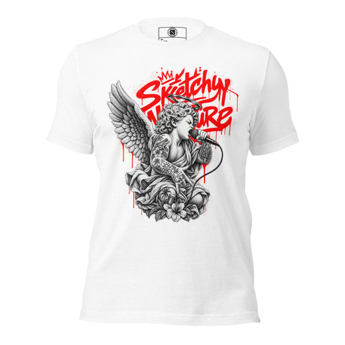 Battle Rap Angel Graphic T-Shirt in solid white blend, front view, featuring winged vocalist and red Sketchy Nature graffiti