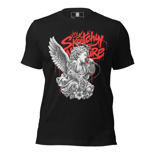 Battle Rap Angel Graphic T-Shirt in vintage black, front view, featuring winged vocalist and red Sketchy Nature graffiti